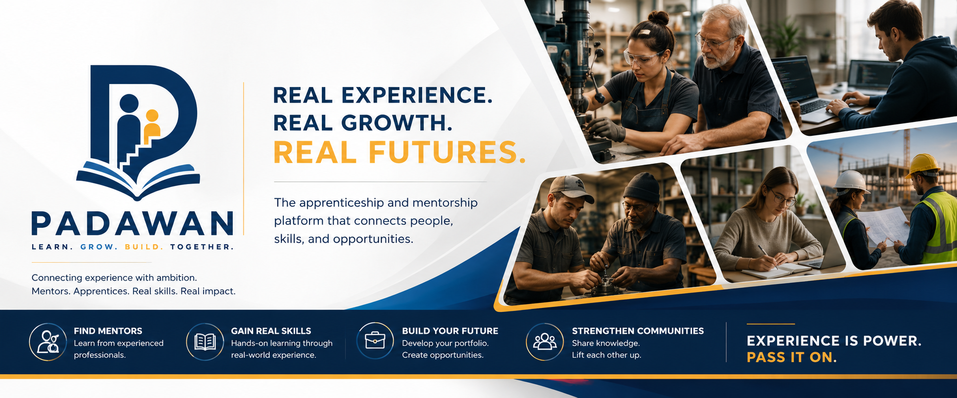 Padawan Facebook cover showing mentors, apprentices, hands-on skills, and career growth.